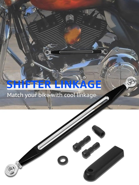 Aftermarket Shift Linkage Replacement For Harley Davidson 1986 2024 Street Glide Electra Glide Road King Road Glide Softail Smooth Precise Gear Shifts With Polished Finish black adjustable shift linkage with mounting hardware shown on Harley engine