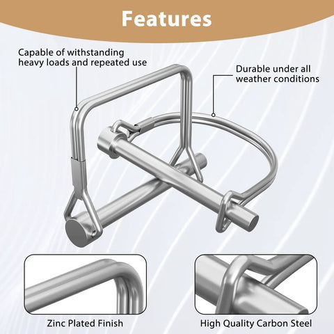 22 Piece Shaft Locking Pin Kit With Zinc Plated Beefed Up Heavy Duty Trailer Coupler Pins In Square And Arch Shapes Made From Premium Carbon Steel Includes One Quarter Inch Five Sixteenth Inch And Three Eighth Inch Diameters For A Solid Hitch Fit, showcasing zinc plated finish and carbon steel durability features.