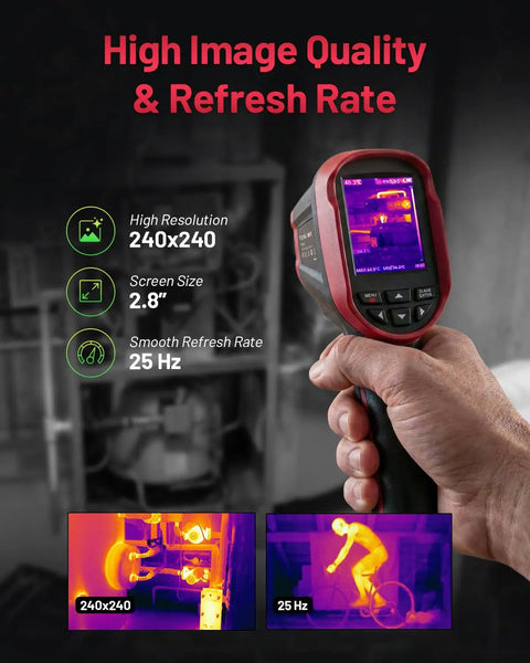 Hand holding Pro Grade Handheld Infrared Thermal Camera With 240x240 TSIR Imaging, showing 2.8 inch screen and thermal images