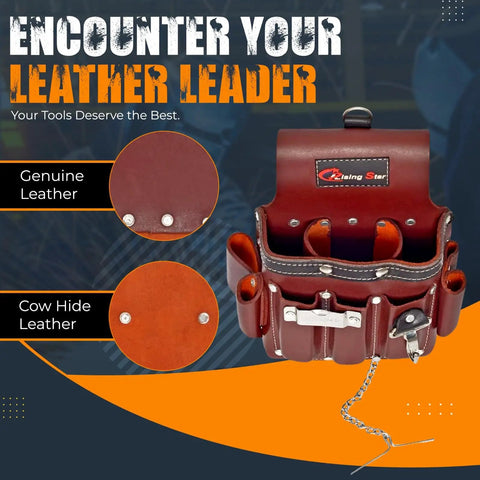 Heavy Duty Leather Carpenter And Electrician Tool Belt With Suspenders For Men, showing genuine cowhide leather details