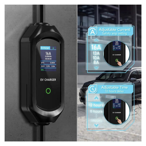 Portable Electric Vehicle Charger, 3.5KW 16A EVSE with adjustable settings on display, wall-mounted for home use.