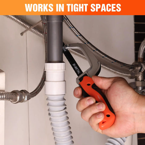 ValueMax mini hacksaw with orange handle and gray frame; bi-metal 10-inch blade for cutting metal/PVC in tight spaces