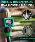 Water Flow Meter With Brass Inlet And Metal Thread, Easy To Read LCD, attached to garden hose showing LCD and brass fitting