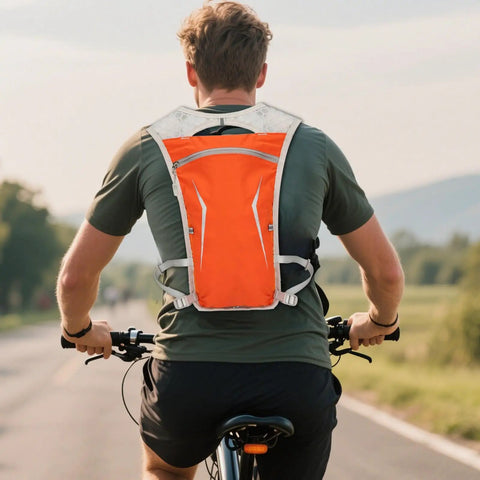 Cyclist wearing Lightweight Running Hydration Pack with Built In Water Reservoir, Snug Fit Backpack for Runners, orange vest visible