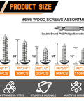 304 Stainless Steel Wood And Sheet Metal Screws Set, 280 Pcs Pan Head Phillips Self Tapping Screws In Sizes Six And Eight, Lengths One Half Inch To One Inch, Marine Grade Corrosion Resistant For Wood Metal And Gypsum. Size chart with #6/#8 screws and PH2 bit.