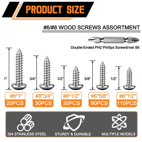 304 Stainless Steel Wood And Sheet Metal Screws Set, 280 Pcs Pan Head Phillips Self Tapping Screws In Sizes Six And Eight, Lengths One Half Inch To One Inch, Marine Grade Corrosion Resistant For Wood Metal And Gypsum. Size chart with #6/#8 screws and PH2 bit.