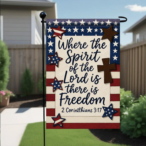 Patriotic Christian Garden Flag 12x18 Inch Double Sided Front Yard Decor With Bible Verse Where The Spirit Of The Lord Is There Is Freedom Jesus Faith God Family Country Quote For Outdoor Lawn Display