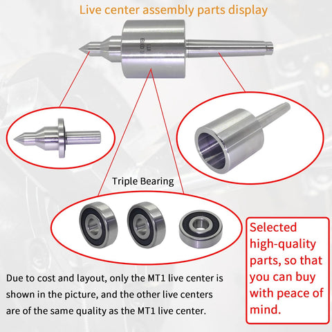 MT2 Live Center Long Nose 60 Degree With Triple Bearing Medium Duty Lathe Center assembly parts display