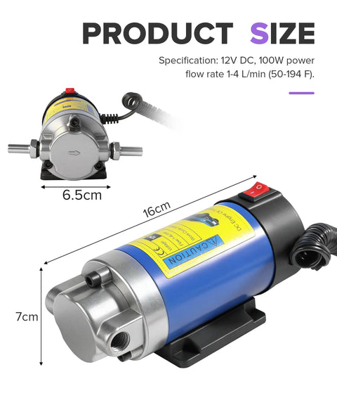 No Fuss 12V Self Priming Oil Extractor Pump Heavy Duty Transmission Fluid Suction Tool For Cars Motorcycles Lawn Mowers Pure Copper Build, 16cm size.