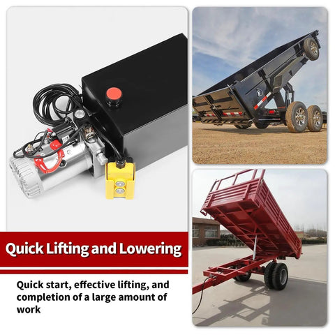 12V DC Hydraulic Pump Power Unit 8 Quart Tank Single Acting System With 3200 PSI Port A Relief And 1500 PSI Port B Plus 15 Foot Remote Control And Beefy Steel Construction used on dump trailers