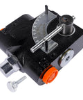 Front view of Getanye hydraulic adjustable flow control valve with relief; black cast body, 1/2'' NPT, orange relief cap.