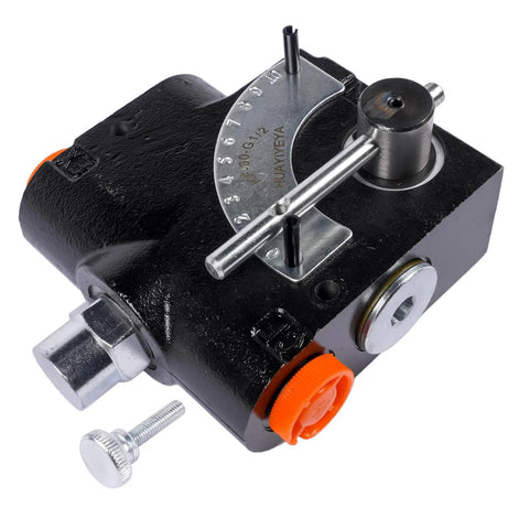 Front view of Getanye hydraulic adjustable flow control valve with relief; black cast body, 1/2'' NPT, orange relief cap.