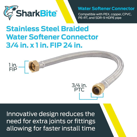 Three Quarters Inch To One Inch FIP Braided Stainless Water Softener Connector Twenty Four Inch Flexible Push To Connect