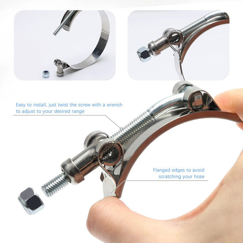 Close-up of Two Pack 1.25 Inch T Bolt Stainless Steel Hose Clamps 304 Grade Durable Clamp Kit with 36 to 44 mm working range.