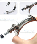 Two stainless steel 4-inch T-bolt hose clamps, 108–116 mm range, with bolts and nuts; assembly and install views.