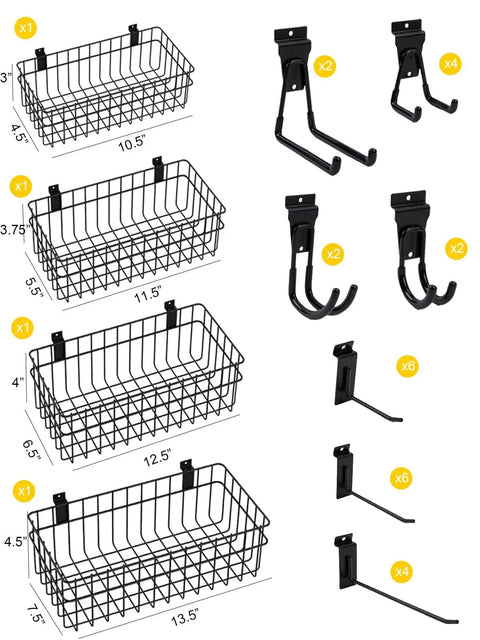 Heavy Duty Slatwall Hook Set With 30 Pieces Including Four Baskets And 26 Multisized Hooks For Garage Organization shown