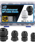 IP68 Waterproof Nylon NPT Cable Gland Kit, 38 Piece Assortment in black, shown in various sizes with packaging.