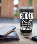 Black insulated stainless steel tumbler with 'Me and My Glider' design, Sailplane Pilot Insulated Stainless Steel Tumbler For Glider Enthusiasts And Soaring Fans, Perfect For Towplane Launches Ridge Soaring Thermals And Club Flights, Funny Glider Gift For Men And Women on a wooden table
