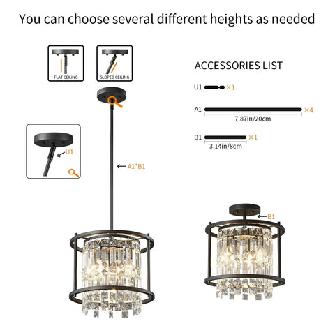 Dope Modern Black Crystal Chandelier For Foyer And Kitchen Island, Round Adjustable Height Pendant Light Fixture with accessories