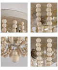 Close-up of Boho Wood Bead Chandelier With Oak Finish Two Light Semi Flush Mount showing natural beaded design and glass bulbs