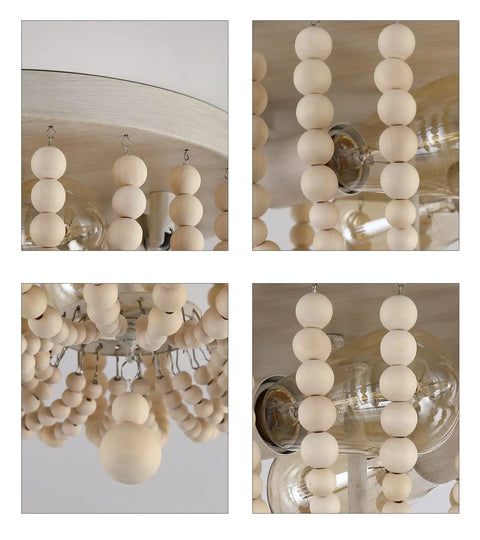Close-up of Boho Wood Bead Chandelier With Oak Finish Two Light Semi Flush Mount showing natural beaded design and glass bulbs