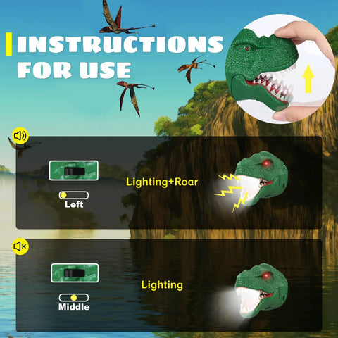 Instructions for Dinosaur Headlamp For Kids and Adults with four modes featuring lighting and roar options.
