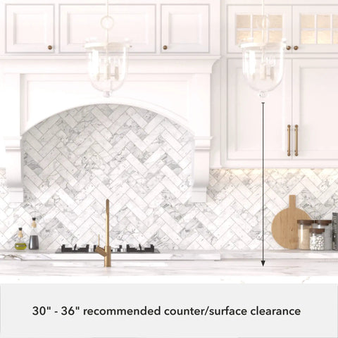 Go-To 3-Light Rustic White Pendant Light above white kitchen counter with marble backsplash, transitional modern design.