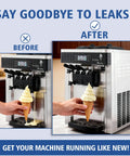 Soft Serve Ice Cream Machine Parts Kit 15-Piece Replacement Set With Gaskets O-Rings And Seals For Vevor And YIKAFU Ice Cream Makers shown before and after installation to prevent leaks and ensure smooth operation.