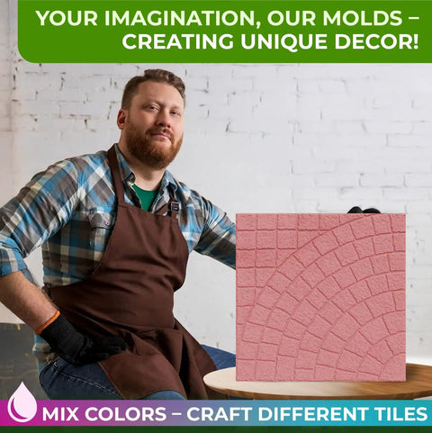 DIY Concrete Patio Paver Molds Large Cobblestone Pathmaker Mold For Walkways shown with a man holding a concrete mold sample