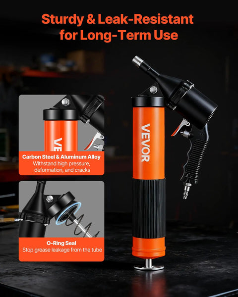 Pro Grade Heavy Duty 6000 PSI Grease Gun Kit With Pistol Grip, shown with carbon steel construction and O-ring seal.