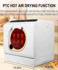Compact Countertop Dishwasher With Built-In Water Tank For Apartments And RVs, Mini Portable Tabletop Washer With Drying Function, Five Programs Like Normal Quick Eco Baby Care Fruit, Quick Clean In 29 Minutes showing hot air drying function and measurements.