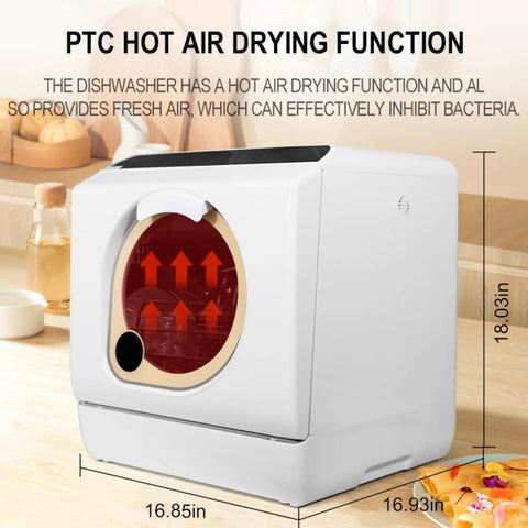 Compact Countertop Dishwasher With Built-In Water Tank For Apartments And RVs, Mini Portable Tabletop Washer With Drying Function, Five Programs Like Normal Quick Eco Baby Care Fruit, Quick Clean In 29 Minutes showing hot air drying function and measurements.