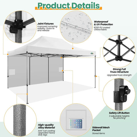 Product details of the 10x15 Heavy Duty Pop Up Canopy Tent With 4 Sidewalls For Outdoor Weddings And Parties All Season Windproof Waterproof Gazebo With Durable Steel Frame And Included Carry Bag