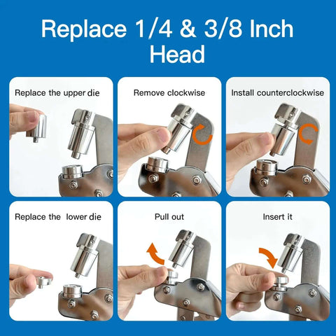 Tutorial on replacing 1/4 and 3/8 inch heads for Heavy Duty Grommet Tool Kit with magnetic die heads and pliers.