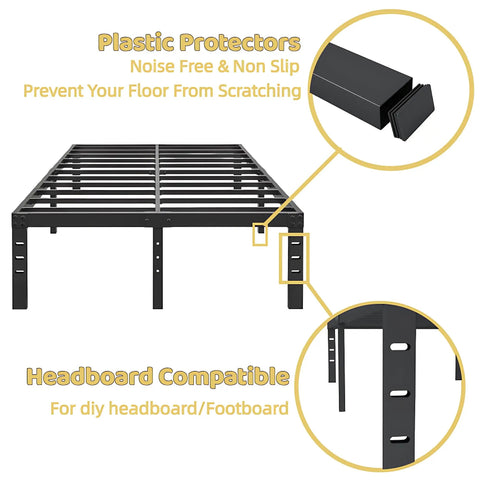 Straight Up Heavy Duty Queen Bed Frame Built Like A Tank With Ample Underbed Storage showcasing plastic protectors and headboard compatibility.