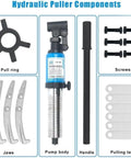 Heavy Duty Hydraulic Bearing Puller Wrench 15 Ton components including pump body, jaws, handle, and screws for tool assembly.
