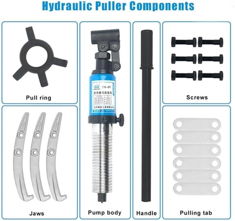 Heavy Duty Hydraulic Bearing Puller Wrench 15 Ton components including pump body, jaws, handle, and screws for tool assembly.