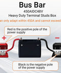 Heavy Duty 450A DC Bus Bar With 4 X M10 Stud Posts, 12 To 48 V Tin Plated Copper Block connected to a battery.