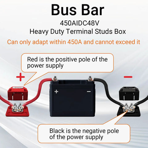 Heavy Duty 450A DC Bus Bar With 4 X M10 Stud Posts, 12 To 48 V Tin Plated Copper Block connected to a battery.