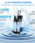 1.5 HP Submersible Sump Pump With 6000 GPH Flow, Cast Iron And Steel Construction, Integrated Vertical Float Switch