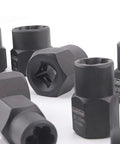 Close-up of 13 Piece Impact Bolt And Nut Remover Kit with Nut Extractor Sockets, featuring a black durable design for damaged nuts and bolts.