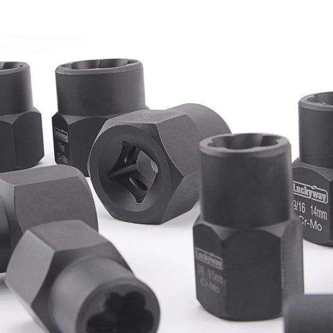 Close-up of 13 Piece Impact Bolt And Nut Remover Kit with Nut Extractor Sockets, featuring a black durable design for damaged nuts and bolts.