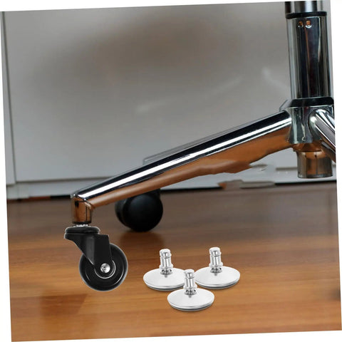Heavy Duty Adjustable Chair Leveler Pads Set Of Five Swivel Roller Bases on hardwood floor with rolling chair leg.
