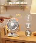 Compact Desk Fan On The Go Quiet Rechargeable Mini Fan With 4 Speeds LED Display And LED Light 31 Hour Runtime on desk