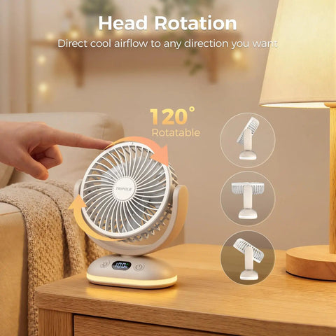 Compact Desk Fan On The Go Quiet Rechargeable Mini Fan With 4 Speeds LED Display And LED Light 31 Hour Runtime on desk