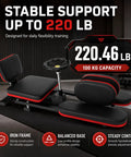 Squad Up For Serious Gains With This Heavy Duty Anti Rust Steel Leg Stretcher Machine Featuring Tool Free Quick Assembly Solid Frame That Handles 300 Lbs Of Force For Ultimate Flexibility And Deep Stretch Sessions Today, showcasing a leg stretcher with iron frame and black/red padding.