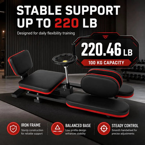 Squad Up For Serious Gains With This Heavy Duty Anti Rust Steel Leg Stretcher Machine Featuring Tool Free Quick Assembly Solid Frame That Handles 300 Lbs Of Force For Ultimate Flexibility And Deep Stretch Sessions Today, showcasing a leg stretcher with iron frame and black/red padding.