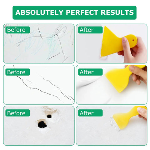 Before and after images of drywall repaired using the Drywall Repair Kit For Quick Hole Fill And Wall Mending, No Fuss Patch.