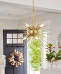 Gold Sputnik Chandelier With Six Lights, Vintage Geometric Pendant Fixture, Farmhouse Style, 18 Inch Starburst Firework Design