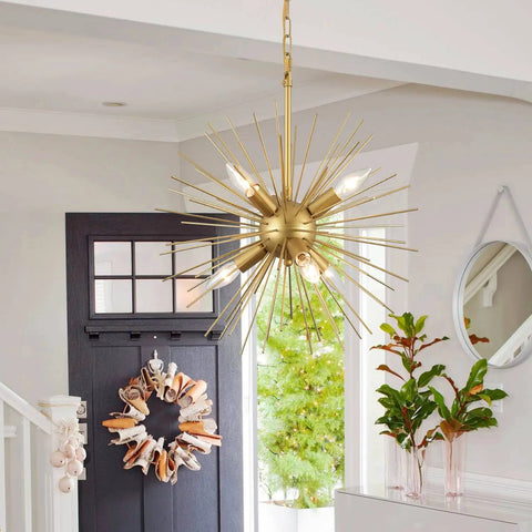 Gold Sputnik Chandelier With Six Lights, Vintage Geometric Pendant Fixture, Farmhouse Style, 18 Inch Starburst Firework Design